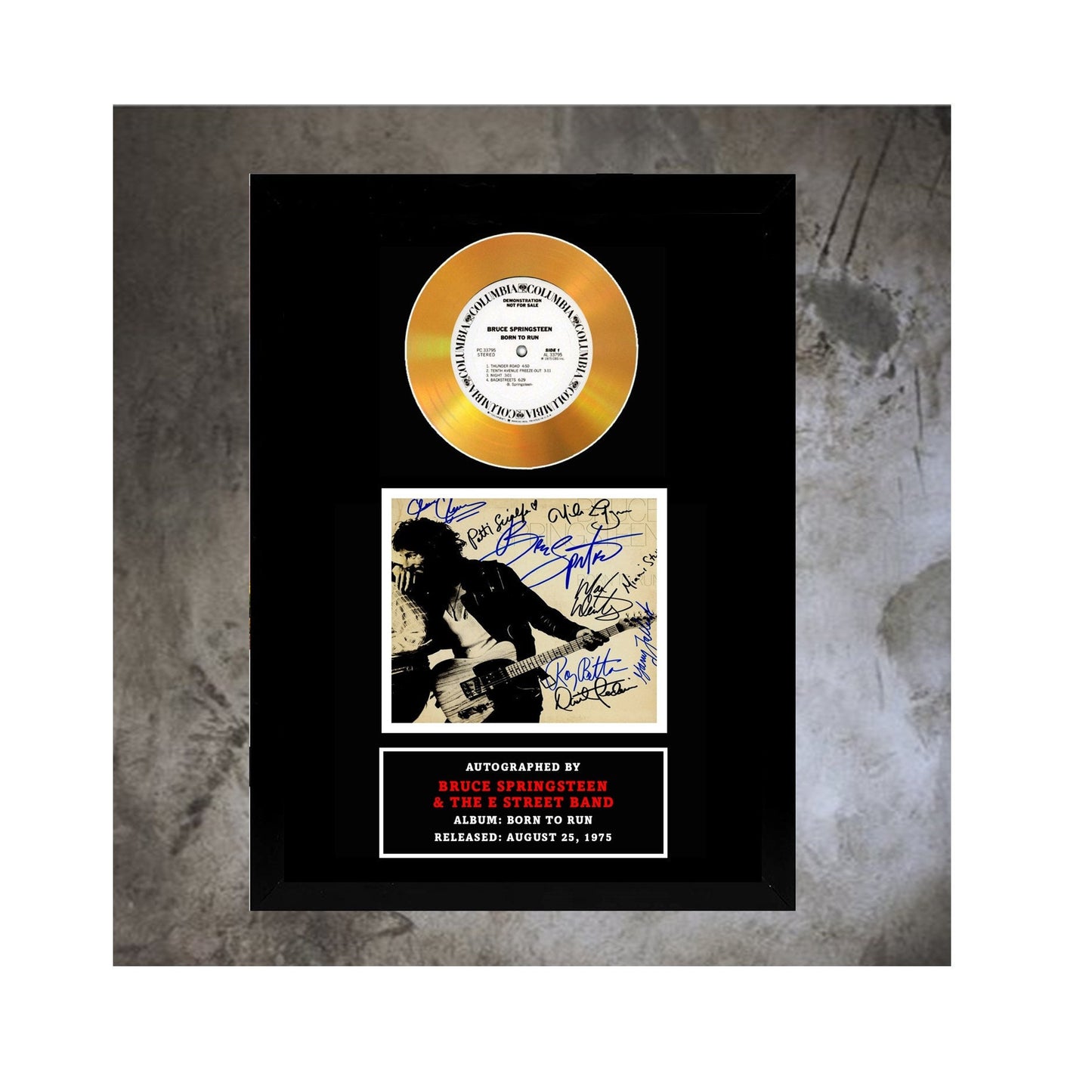 Bruce Springsteen autographed "Born to Run" replica display. 9.5" x 12.5" inches. FRAME INCLUDED.