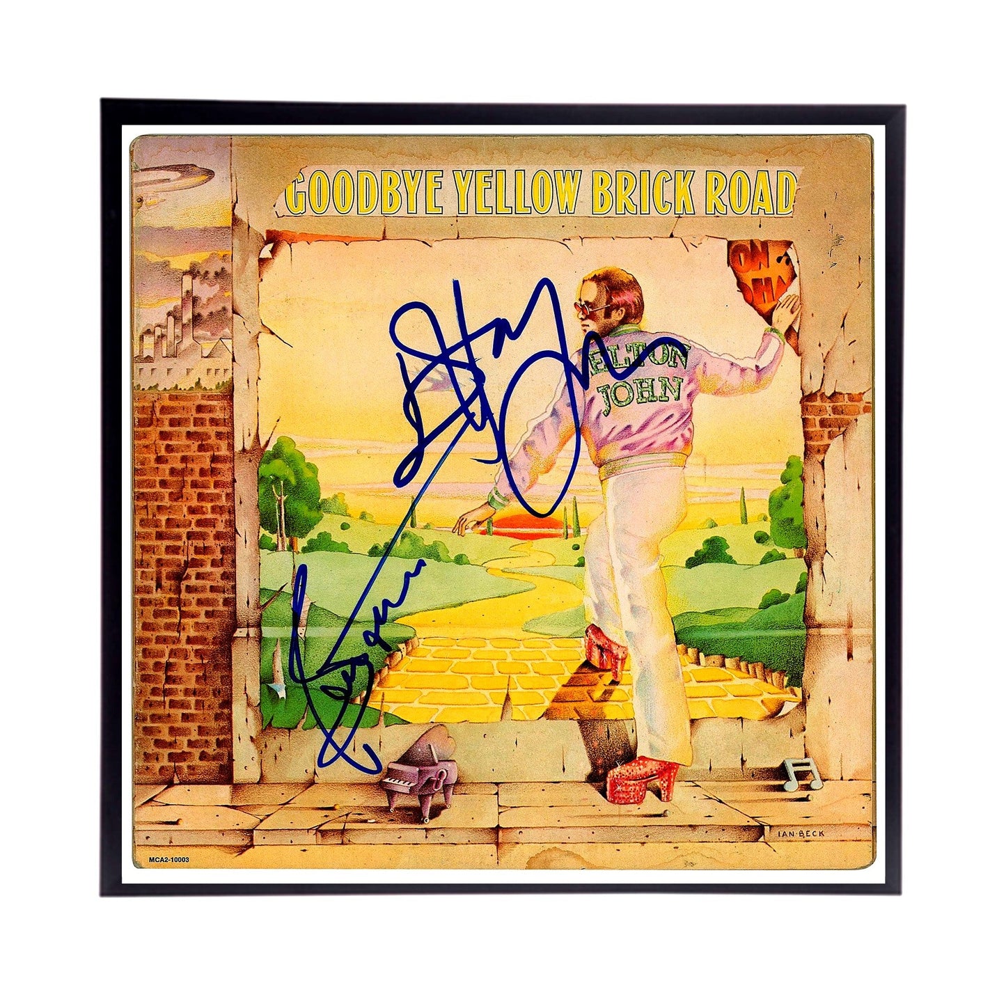 Elton John Autographed Album Cover and sheet music Replicas.  12" x 12" inches.  Frame is included.