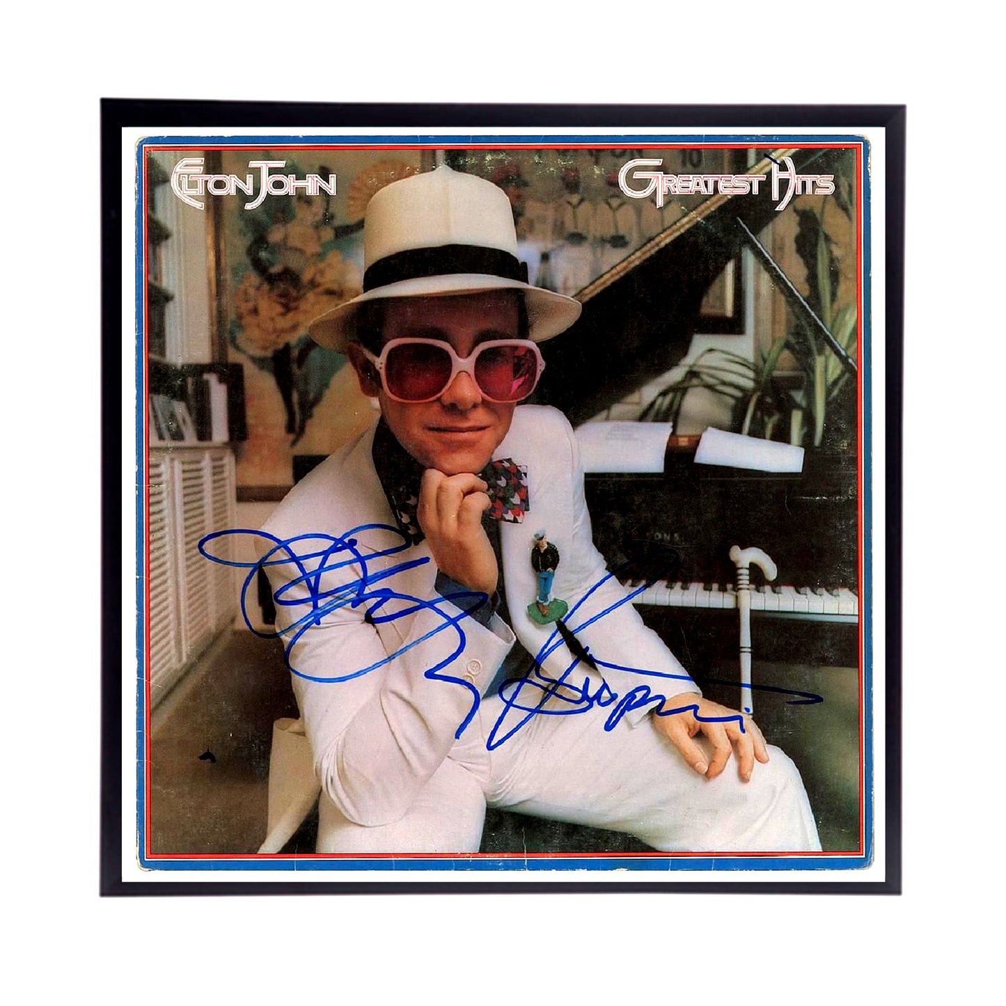 Elton John Autographed Album Cover and sheet music Replicas.  12" x 12" inches.  Frame is included.