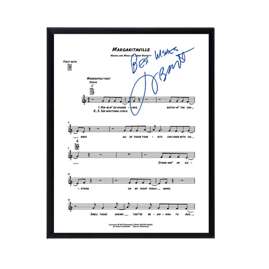 Jimmy Buffett  Autographed Margaritaville Sheet Music Replica, 11 x 14 Inches FRAME INCLUDED